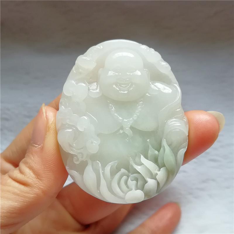 收藏天然冰种独山玉弥勒佛吊坠独玉佛项链佛公大肚佛荷花挂件送证