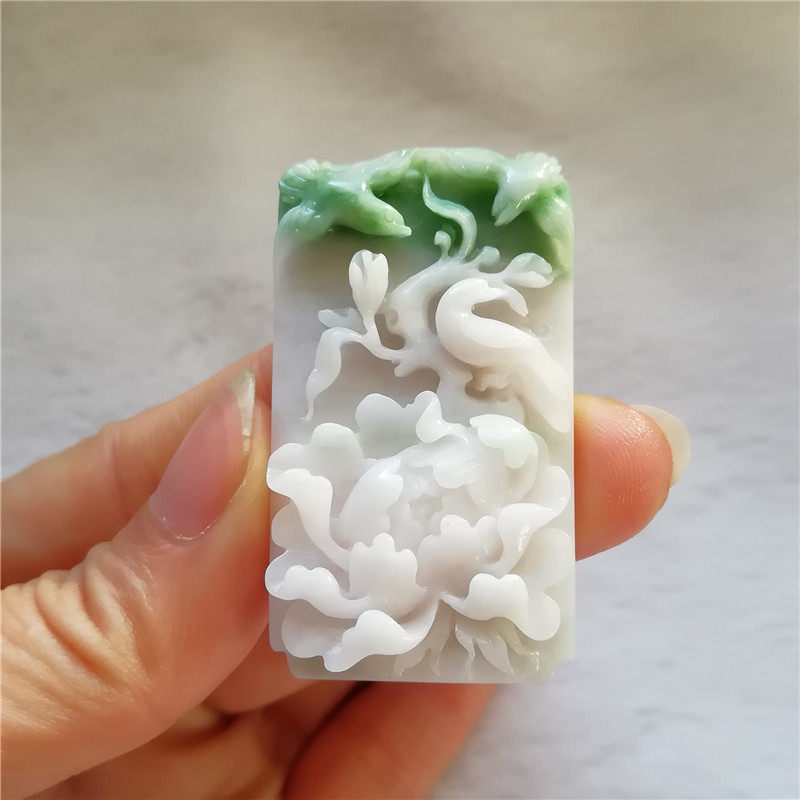 收藏天然玉石独山玉牡丹花吊坠南阳独玉喜鹊挂件花开富贵牌子附证