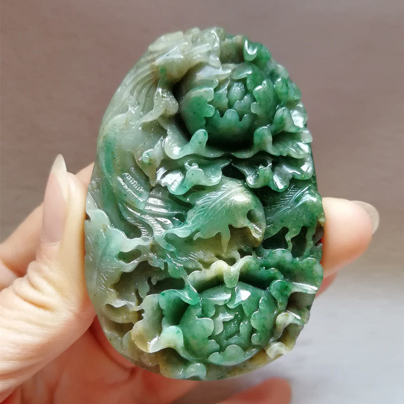 收藏天然独玉吊坠南阳玉独山玉苏工凤凰戏牡丹花玉坠玉佩挂件送证