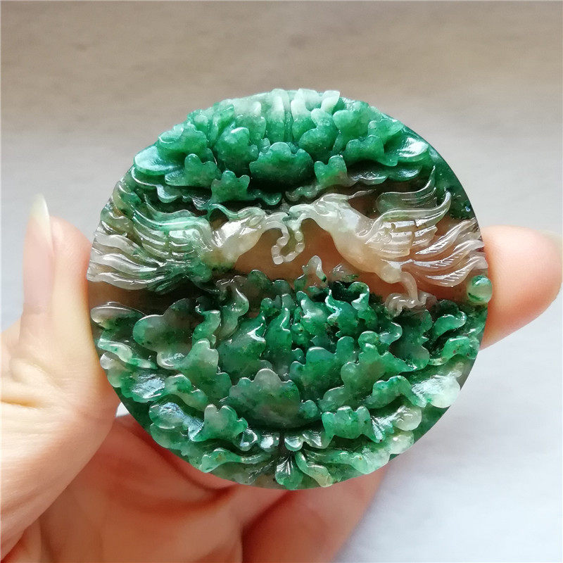 收藏天然独山玉牡丹花吊坠南阳独玉喜鹊挂件花开富贵玉佩圆牌附证