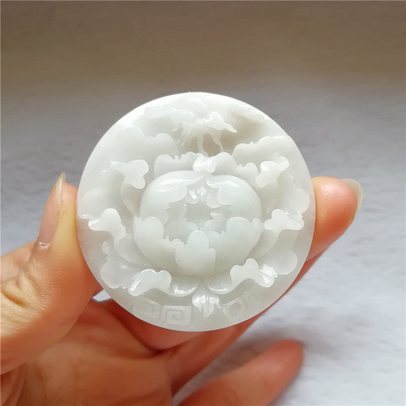 收藏天然玉石独山玉吊坠冰种独玉蝶恋花圆玉佩蝴蝶牡丹花玉坠送证