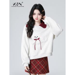 灰色翻领加绒卫衣女秋冬2025秋新款蝴蝶结撞色宽松polo领无帽上衣