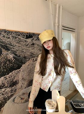aaaaxbbb 花束日报 韩系小众碎花针织开衫秋冬显瘦长袖毛衣外套女