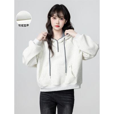 浅灰色连帽加绒卫衣女秋