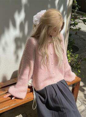 MILYROOM温柔慵懒风粉色针织开衫毛衣外套女秋冬季氛围感穿搭上衣