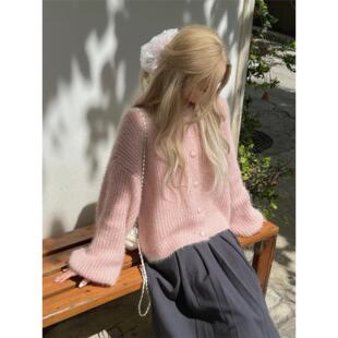 MILYROOM温柔慵懒风粉色针织开衫毛衣外套女秋冬季氛围感穿搭上衣