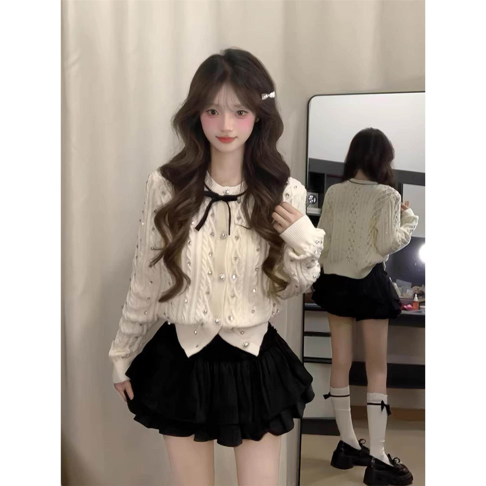 小香风蝴蝶结麻花针织开衫上衣女设计感白色甜美气质毛衣外套秋季