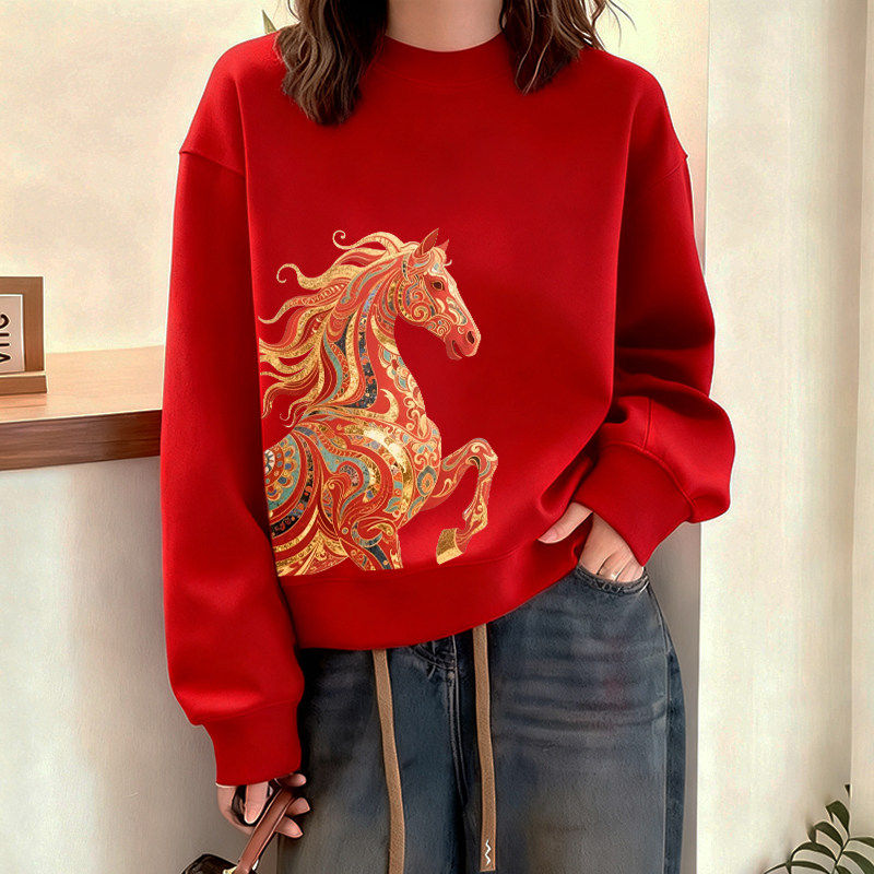 马年本命年红色圆领卫衣女2026冬季新款爆款宽松百搭上衣加绒外套