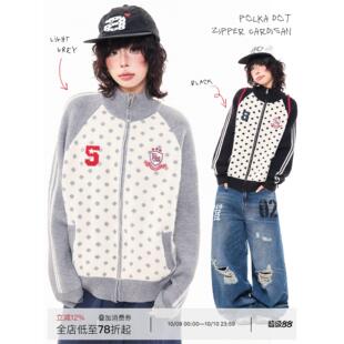 MKGO 美式覆古波点贴布绣开衫毛衣女秋季宽松拼色插肩袖针织外套