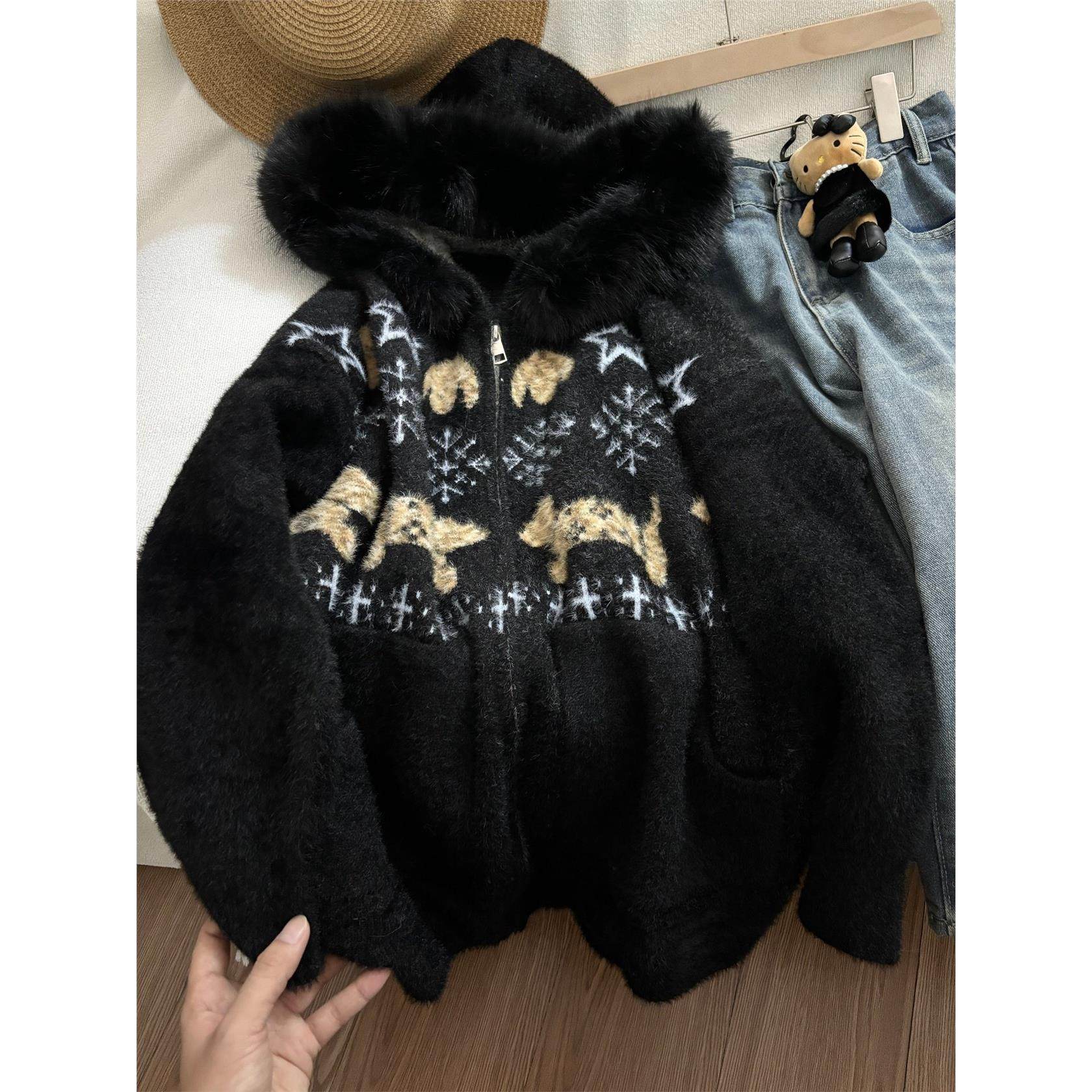 不起球加厚腊肠狗黑色水貂绒毛衣外套女冬季新款宽松开衫针织上衣