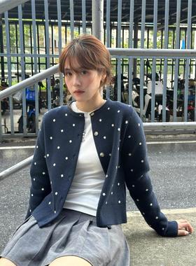SAME OLD藏蓝色新款覆古波点满印毛衣针织开衫女外套百搭显瘦上衣