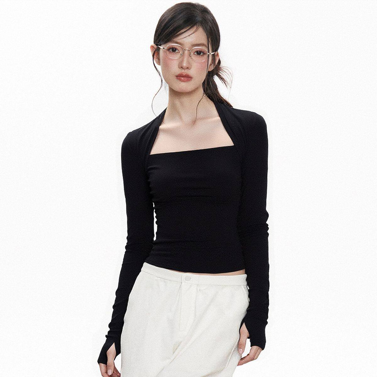 莫代尔黑色t恤方领长袖打底衫女早秋设计感修身收腰内搭短款上衣