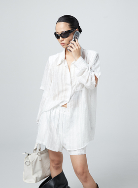 Space Axis衬衫套装女烫钻防晒破洞长袖衬衣松紧腰阔腿短裤两件套