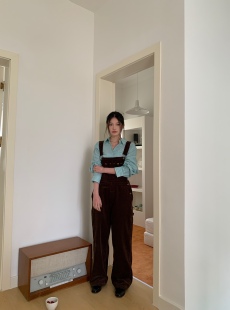 女宽松高腰阔腿连体裤 JillZoo自制 早春韩系灯芯绒可调节背带裤
