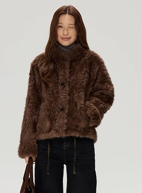 JillZoo自制  韩版环保皮毛一体立领显瘦短款栗棕色皮草外套