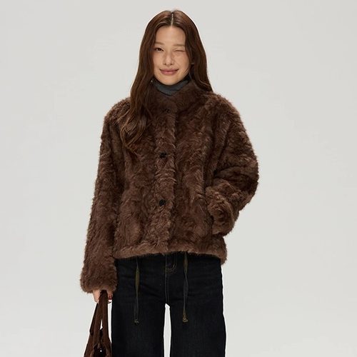 JillZoo自制  韩版环保皮毛一体立领显瘦短款栗棕色皮草外套