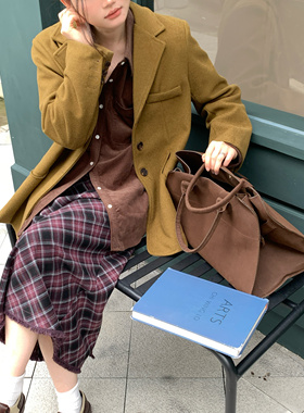 JillZoo自制秋冬韩系复古咸菜黄单排扣毛呢西装外套显瘦翻领上衣