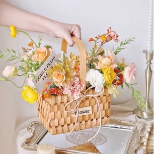 手提插花鲜花花艺小花篮木片编织藤编柳编儿童婚礼田园迷你小竹篮