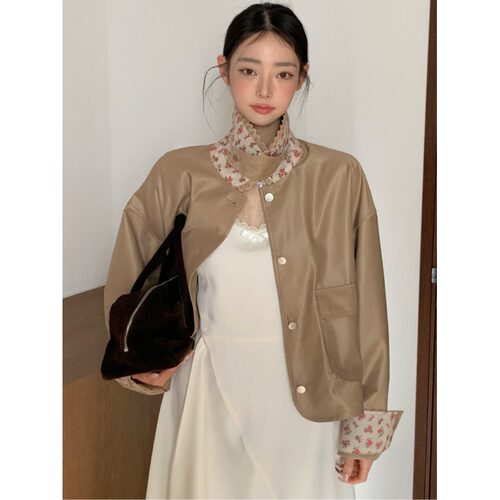 MICOCO！韩国东大门ins 小众设计感碎花立领PU皮衣夹克外套女