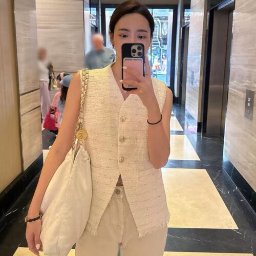 MICOCO！韩版chic轻熟时尚马甲别致小香粗花呢外套小众设计感上衣
