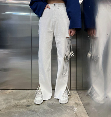 MICOCO！韩国夏装彩白色高腰微喇开叉磨边牛仔裤