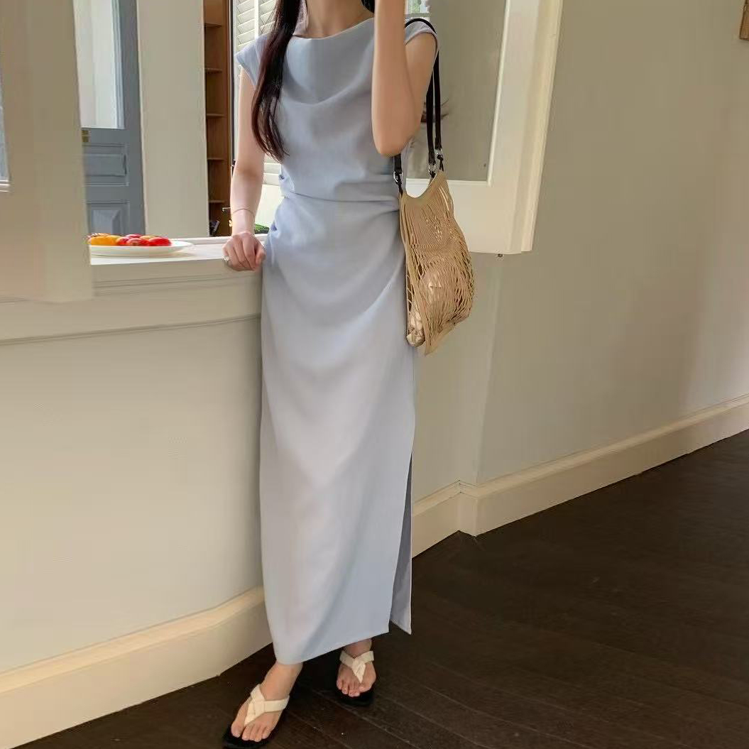 MICOCO！韩国东大门 法式优雅气质简约一字领收腰显瘦开衩连衣裙