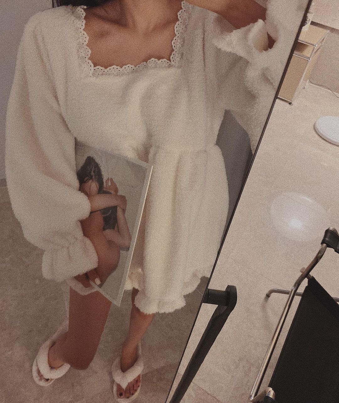 MICOCO! 韩国 珊瑚绒方领花边喇叭袖居家上衣+短裤睡衣套装