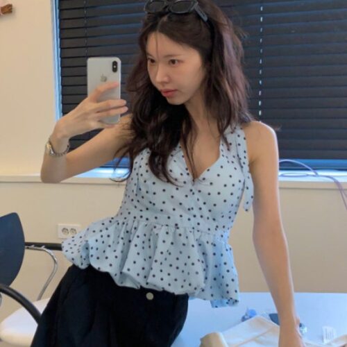 MICOCO！已出货     性感露背绑带挂脖V领波点上衣
