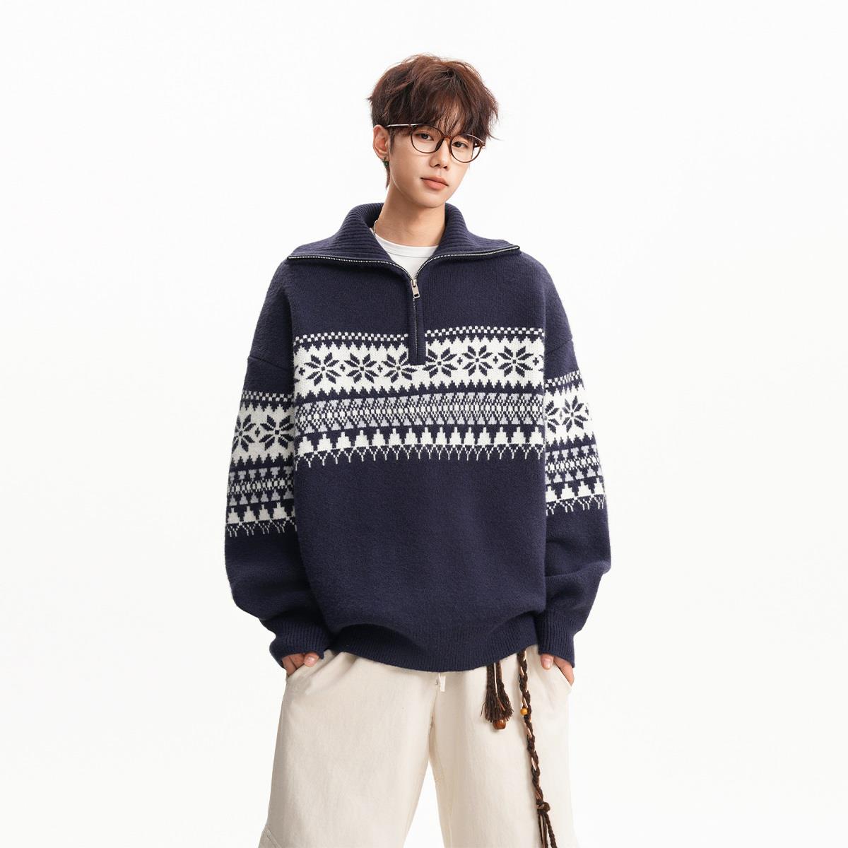 费尔岛提花米色针织衫男冬美式半拉链高领毛衣慵懒感宽松情侣外套