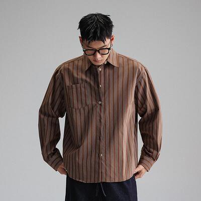 小众设计美式复古条纹硬挺廓形长袖衬衫男春秋季宽松休闲衬衣外套