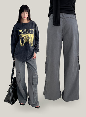 Ademe新款2026春季高街复古工装牛仔裤重工口袋直筒裤女cxs81006