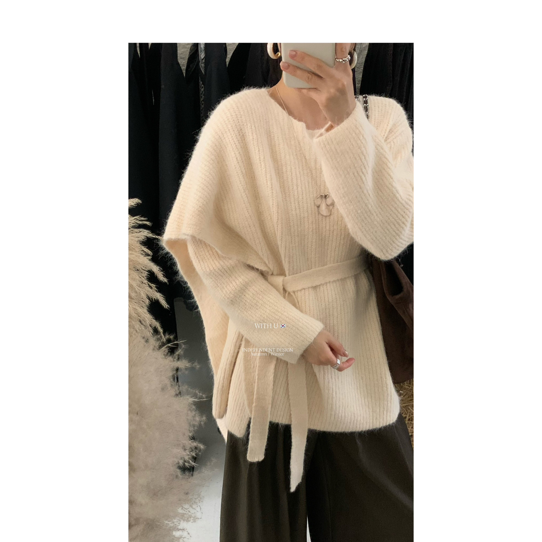 Ademe韩版时尚粗针一体式保暖毛衣(配腰绳)(披肩不可拆)HM903