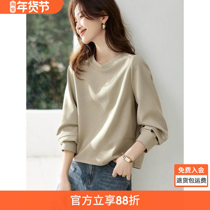 沫晗依美时尚松弛感休闲圆领上衣2025新款女士圆领长袖卫衣无帽女