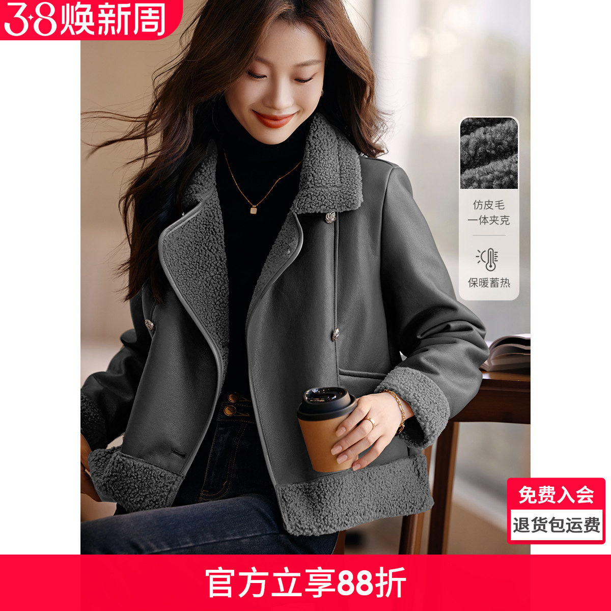 沫晗依美夹克复合皮仿羊羔毛外套2023冬季新款休闲加厚保暖女外套