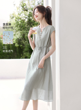 【博主同款】沫晗依美巨好看裙子2026夏季穿搭新款显瘦亚麻连衣裙