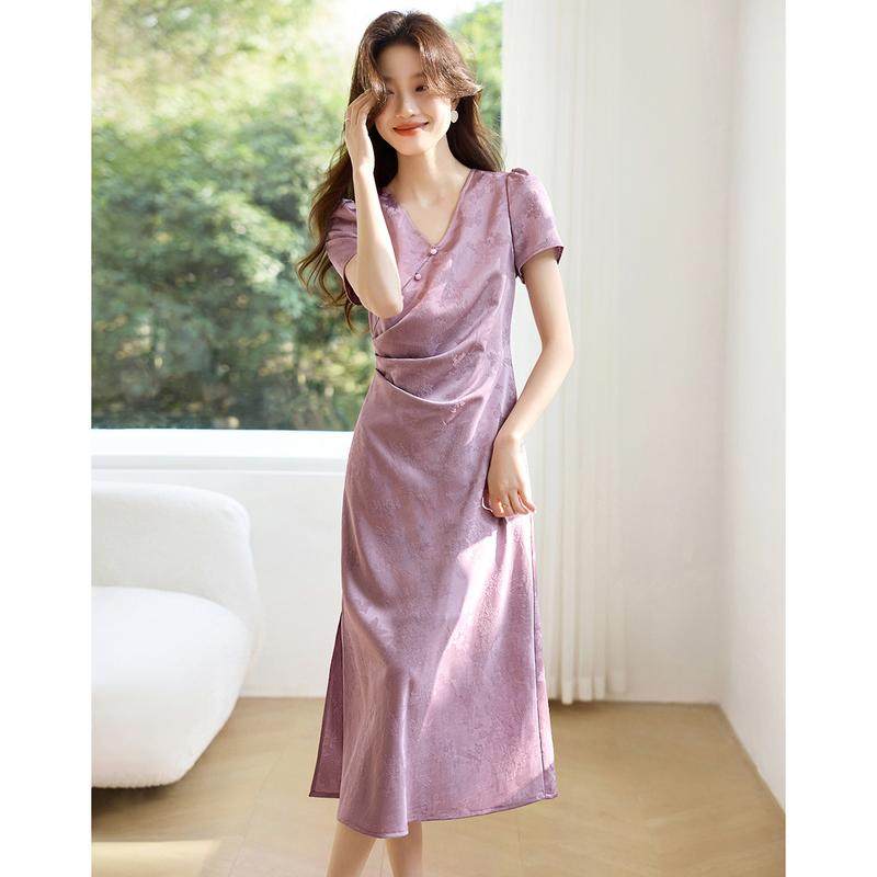 沫晗依美新中式蝴蝶暗纹提花短袖连衣裙2025夏季新款气质连衣裙女