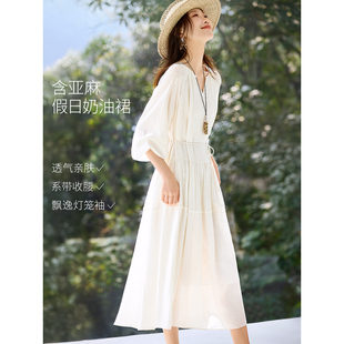 沫晗依美含亚麻奶油裙2026春季新款法式气质飘逸感长款连衣裙女士