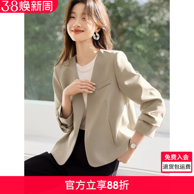 沫晗依美气质通勤简约无领外套2026春夏新款百搭时髦设计感西装女