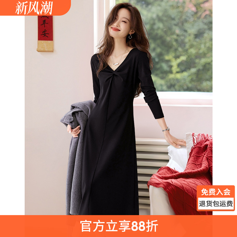 沫晗依美优雅V领收腰连衣裙