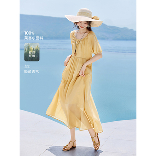 沫晗依美“盛满阳光”慵懒风长裙2025夏季新款露背绑带宽松连衣裙