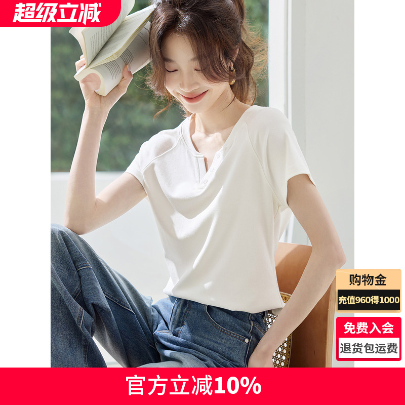 沫晗依美时髦千禧风修身显瘦V领设计感T恤2025夏季新款休闲短袖女