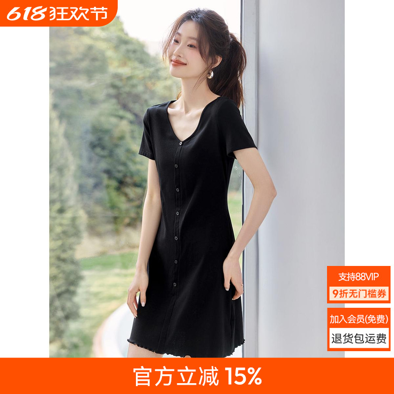 沫晗依美休闲V领连衣裙2025夏季新款气质收腰木耳边下摆连衣裙女