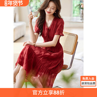 沫晗依美优雅森系泡泡袖收腰抽褶系带连衣裙女2025夏季新款连衣裙