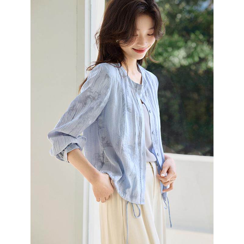 沫晗依美休闲提花轻薄衬衫抽绳外套2026春夏新款时尚休闲长袖外套