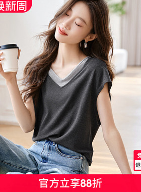 沫晗依美休闲假两件V领撞色短袖T恤26夏季新款设计感小众显瘦T恤