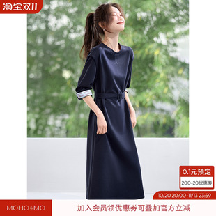 沫晗依美2026年秋新款圆口拼接条纹收腰系带OL风长款连衣裙女
