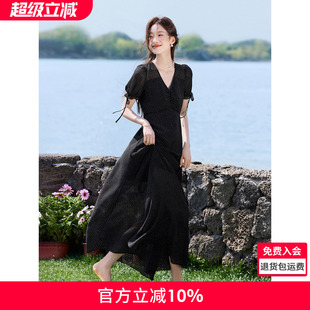 新款 沫晗依美南法假日长裙2025夏季 连衣裙肌理黑白波点收腰连衣裙