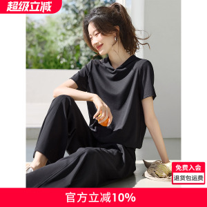 沫晗依美轻休闲百搭连帽两件套2025夏季新款慵懒T恤长裤休闲套装