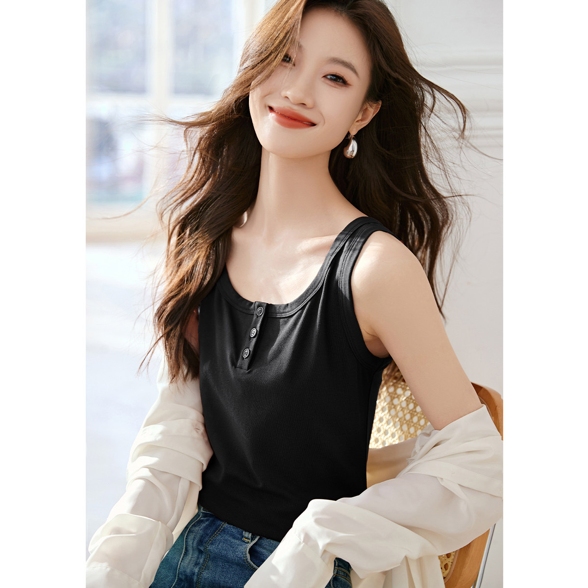 沫晗依美排扣紧身显瘦遮副乳宽肩带背心吊带2025夏季新款舒适背心,女装/女士精品,背心吊带,淘宝优惠券,粉丝福利购,淘宝优惠卷