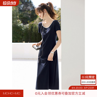 沫晗依美百搭休闲感慵懒大方圆领短袖a字裙2026秋季新款连衣裙女